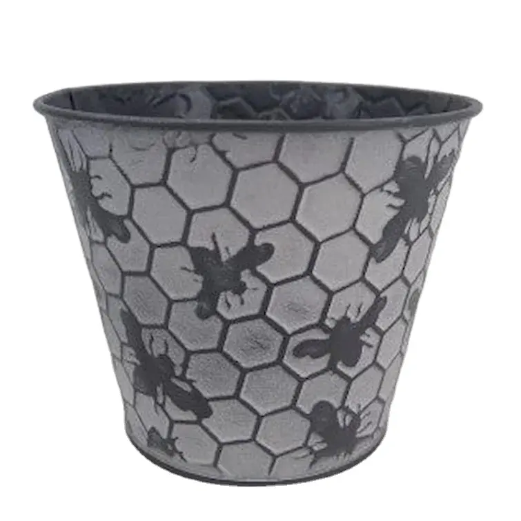 Heavy duty wholesale Decorative honey bee design round shape dark Gary color galvanized Metal Planter For Living Room Lawn use