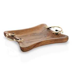 Hot Premium Acacia Wood Round 2 Section Chip & Dip Server con pájaros decorativos de metal Bandeja de madera clásica vintage única moderna - Product Image 6