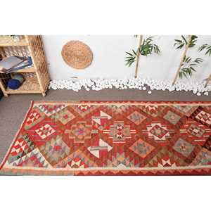 Vintage Rug, 3x10.1 ft <b>Runner</b> Turkish Rug, Herki <b>Red</b> Brown Oriental Rug - Product Image 5