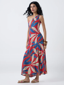 Robe à une épaule à motif de feuillage rouge Paisley de Bombay - Product Image 2