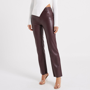 Pantalon en cuir avec logo personnalisé de haute qualité pour femmes entièrement personnalisé couleur unie taille haute hiver Style décontracté vente en gros - Product Image 3