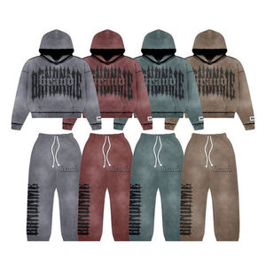 Survêtement unisexe 100% coton de haute qualité en polaire Streetwear Sweat-shirt à capuche épais délavé et pantalon baggy évasé - Product Image 3
