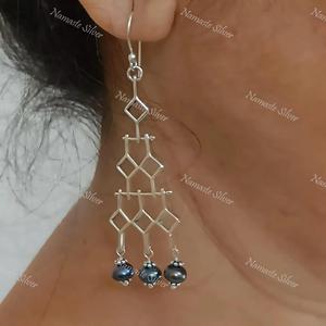Handmade Sterling Silver <b>Grey</b> <b>Pearl</b> Dangle <b>Earrings</b>, Geometric Design - Product Image 1