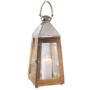 Decoración de boda, soporte de vela de linterna hecho en madera blanca con parte superior de acero, novedad, en venta - Product Image 6