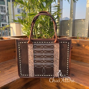Western Hand Tooled Brown Suede Leather Boot Stitch Tote Bag Oculto Carry Laptop Bag Premium Bolso de cuero genuino para mujer - Product Image 1