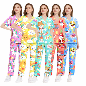 Conjunto de Uniforme Médico Personalizado para Mujer con Estampado de Dibujos Animados, Cuello en V, Manga Corta, Parte Superior y Pantalones, para Enfermeras y Personal de Salud - Product Image 4