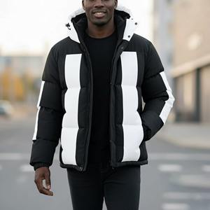 Chaqueta Acolchada de Lona para Hombre, Diseño de Paneles Bicolor en Blanco y Negro, con Capucha, Antibacteriana, para Invierno - Product Image 4