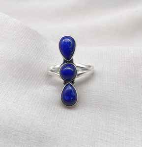 <b>Lapis</b> <b>Lazuli</b> Sterling Silver <b>Ring</b> Triple Stone Oval Cut IGI Certified Boho Handmade Jewelry Elegant Gift for Women - Product Image 2