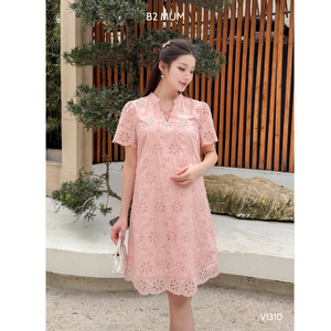Vestido de maternidad suave y cómodo con cuello en V, bordado floral rosa, transpirable y sin decoloración para el día a día - Product Image 5