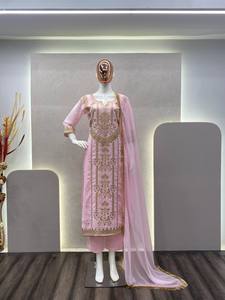 Ensemble de vêtements de cérémonie décontracté BEUTIQUE WEAR, tendance, en faux géorgette brodé avec des motifs en feuille d'or véritable, haut, pantalon et dupatta - Product Image 6