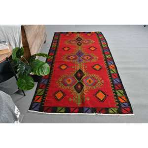 Vintage Turkish Large Area Rug 3.8 X 7.2 ft <b>Red</b> Boho Style Patchwork Design <b>Wool</b> Material 10mm Latex for Hallway Room Decor - Product Image 4