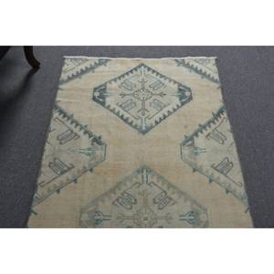 Alfombra de lana turca Vintage de 3x8,9 pies, diseño de retazos azul y beige, técnica de tejido plano para decoraciones de sala de estar - Product Image 5