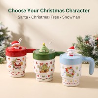 Mug en céramique de Noël avec couvercle à personnage et paille, motifs Père Noël, sapin et bonhomme de neige, dans un coffret cadeau