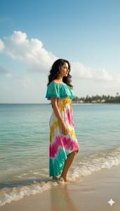 Robe de plage à volants à épaules dénudées, tie-dye rose et turquoise, robe de soleil, tenue de vacances d'été, tenue de villégiature, robe maxi bohème - Product Image 6