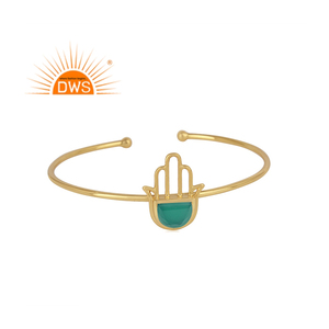 Best Selling Sterling Silver Gold Plated Natural Green Onyx Gemstone Hamsa Design Cuff <b>Bracelet</b> Demi Fine Jewelry For Women - Product Image 1