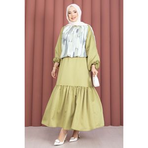 Conjunto de Dos Piezas en Satén Verde Oliva con Falda Estampada, Sin Cuello, Talla XS, para Primavera/Verano - Product Image 3