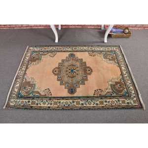 3.4x4.9 ft Vintage Turkish Rug, Accent Rug, <b>Brown</b> Blue Striped <b>Wool</b> Rug - Product Image 3