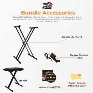 Piano numérique Roland FP-30X 88 touches neuf, blanc, avec support réglable, banc, pédale de sustain et cours de piano en ligne - Product Image 2