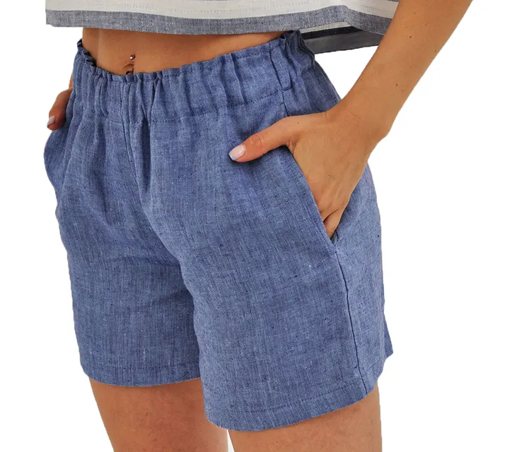 Pantaloncini di lino blu pantaloncini da donna pantaloncini caldi di alta qualità realizzati con la produzione di 100% lino di ZedAar Export