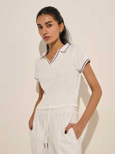 BD 2025, camiseta de punto informal para mujer, patrón sólido, manga corta para cuello Polo, suéter acanalado ajustado, Tops transpirables antiarrugas - Product Image 5