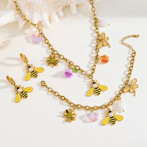Elegant Bee Pendant Jewelry <b>Set</b> for Women with Pearl <b>and</b> Zircon Inlay 18K Gold Plated Stainless Steel <b>Necklace</b> Bracelet <b>Earrings</b> - Product Image 1