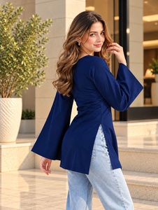 Women’s Solid Navy Blue V Neck Bell Sleeve Tunic <b>Top</b> – Wholesale Casual Fashion Blouse v-Neck <b>Dress</b> Woven Polyester Rayon - Product Image 5