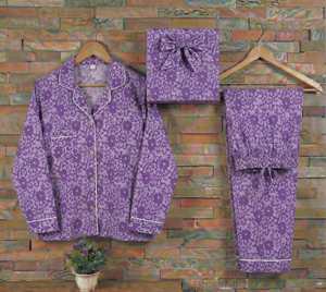 Hand Block Print Woven Thermal Cotton Summer Women's Floral Long Sleeves Machine Embroidery Pajama Set with Pockets <b>Gifting</b> - Product Image 2