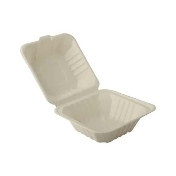 Eco Friendly Biodegradable Compostable Takeaway Folding 6x6 Clamshell Box for Burgers Sandwiches and Snacks
