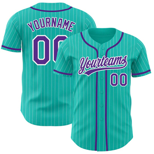 Maillot de Baseball personnalisé 100% Polyester Aqua et Violet Pinstripe Col en V Séchage rapide Uniforme d'équipe à boutons Numéro de nom personnalisé - Product Image 1