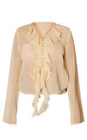 Chemisier décontracté beige à manches longues en mousseline 100 % polyester pour femme, avec volants et dentelle imprimée sur le devant, taille XS, printemps-été-automne, sans bretelles