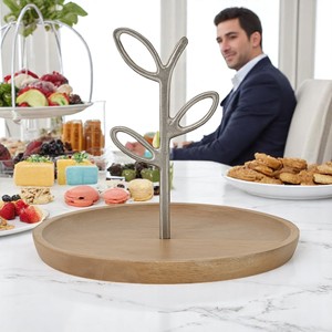 Handcrafted 25cm Acacia <b>Wood</b> Serving Tray with Decorative Aluminum Leaf Handle for Snacks and <b>Cakes</b> for Home Party Use - Product Image 3