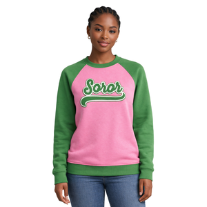 <b>Pink</b> Soror Raglan Sleeve Crewneck <b>Sweatshirt</b> Greek Sorority Womens <b>Pink</b> & Green College Sisterhood Stylish Casual Apparel - Product Image 1