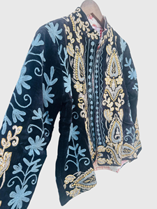 Veste en velours brodée à la main avec des motifs floraux, manches longues, col mandarin, élégante, pour l'hiver, taille adulte, grande taille - Product Image 3