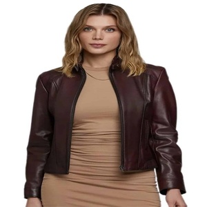 Veste en cuir de peau de vache véritable pour femme avec fermeture à glissière à col montant motif solide avec lignes décoratives matériau en toile - Product Image 1