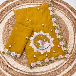 Sari VASTRA COTTAGE de Tela de Musgo Puro, Sari de Diseño con Bordado Floral de Primera Calidad con Blusa para Bodas y Fiestas - Product Image 6