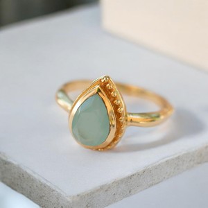 แหวนพลอยคาลซิโดนีสีเงินสเตอร์ลิง925ออกแบบทำด้วยมือเครื่องประดับอัญมณีเหลี่ยมเพชรพลอยธรรมชาติลูกแพร์ตัดทองแหวน - Product Image 1