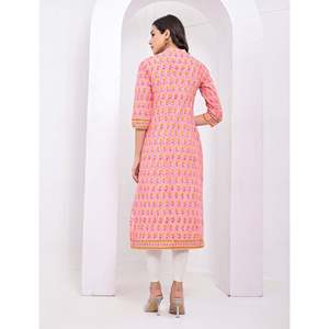 Kurti Rosa de Algodón con Estampado de Bloques, Vestido Indio de Estilo Pakistaní, Incluye Lehenga Choli Salwar Saree, Todo Cosido, Listo para Usar - Product Image 6
