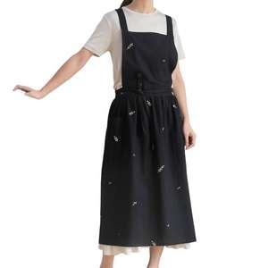 Chic femmes coton lin tablier robe Style japonais croix dos tablier avec broderie florale cuisine jardin café chasuble - Product Image 2