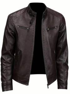 Veste en cuir de haute qualité, à porter au quotidien, fermeture éclair, col montant, logo sur le devant, hiver, uni, dernière nouveauté, pour homme - Product Image 6