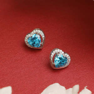 NOVAMART Fine 925 Sterling Silver Rhodium Plated <b>Stud</b> <b>Earrings</b> Sky Blue Heart Design with for Swiss Zirconia & Gift Women Girls - Product Image 2
