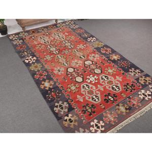Alfombra Kilim Turca Vintage de 5.7x10.5 pies (175x320 cm), Alfombra de Lana con Diseño de Plantas y Árboles Rojos - Product Image 1