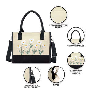 Floral Embroidery Large <b>Canvas</b> <b>Tote</b> Bag Custom Logo Durable Reusable Portable Zipper Closure All Seasons Daily Use Shopping - Product Image 3