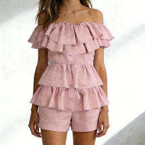 Mono corto rosa de un solo hombro con volantes escalonados para mujer 2026, estilo casual de verano, con ribete de volantes escalonados, de una pieza, ¡gran oferta! - Product Image 6