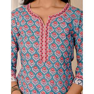 Blue Ethnic Indian Anarkali Kurta Pant Set Butta <b>Block</b> <b>Printed</b> Cotton with Embroidery Work Silk Net Material for Party Wear - Product Image 2