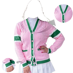 Cardigan en tricot acrylique torsadé pour femme, col en V respirant, broderie personnalisée, style grec AKA vert rose, idéal pour les sororités - Vente en gros - Product Image 1