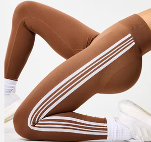 Women's Custom Logo <b>Cropped</b> Fitness Yoga Pants High Waist Striped Spandex Nylon <b>Leggings</b> with Elastic Waist Closure - Product Image 4