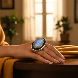 925 <b>Silver</b> <b>Boho</b> Statement <b>Ring</b> for Women Handmade Geometry Oval Cut Topaz Moonstone Jewelry Gift - Product Image 3