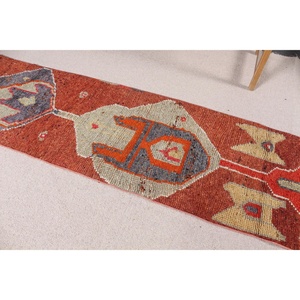 Turkish 2.1x10.1 ft Rug, Vintage Rug, <b>Red</b> Ombr Rug <b>Wool</b> - Product Image 4