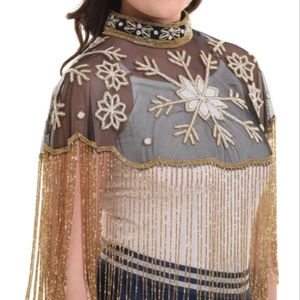 Elegante capa burlesca con cuentas hebras lentejuelas perlas hermosa silueta recta bordado Logo sujeta cuello Club vestidos - Product Image 1