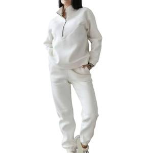 2024 nuevo estilo 2 unids/set chándal mujer sudadera pantalones conjunto suelto manga larga Color sólido cálido cintura elástica chándal - Product Image 6